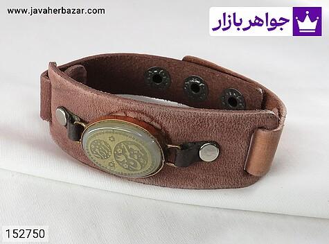 دستبند چرم ومس همراه سنگ عقیق با حکاکی لیزر {یا حسین عزیز زهرا } - 152750